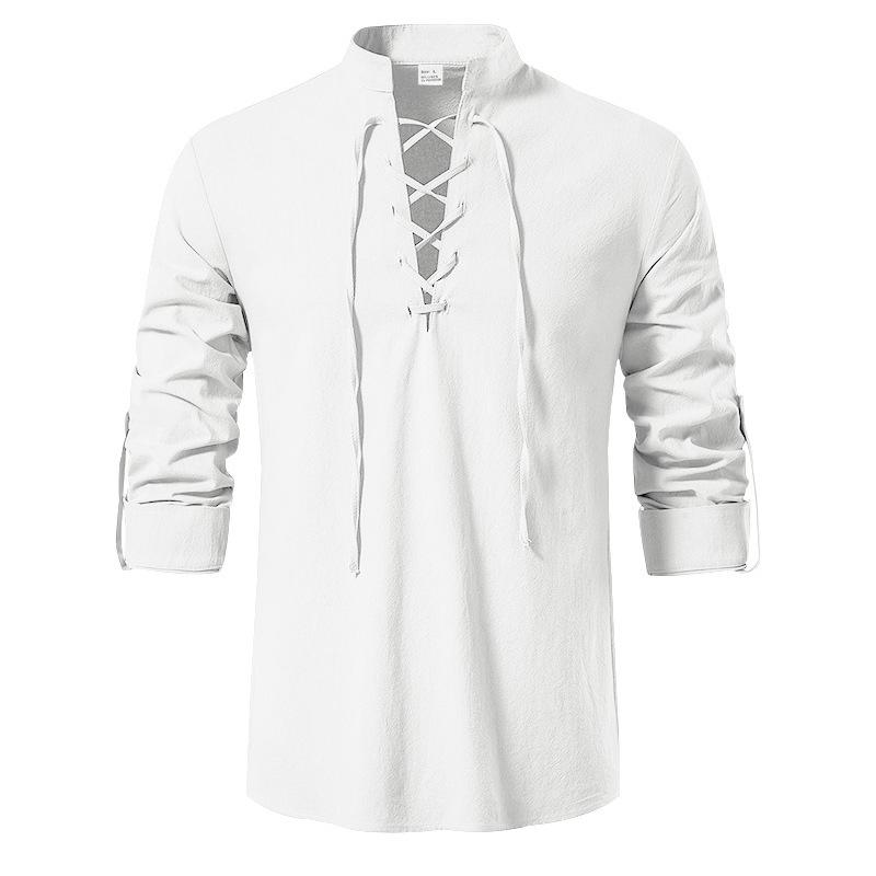 

Мужская весенняя свободная винтажная хлопково-льняная рубашка с воротником-стойкой, модная, на кулиске, с длинным рукавом S белый