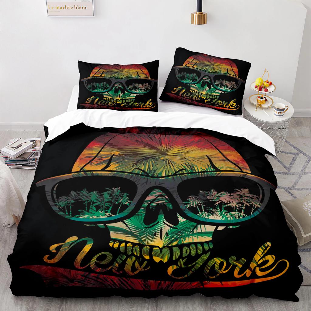 Skull King Queen Bettbezug Gothic Skelett Bettwäsche Set für Erwachsene Jugendliche Personalisiert Halloween Knochen Polyester Steppdeckenbezug