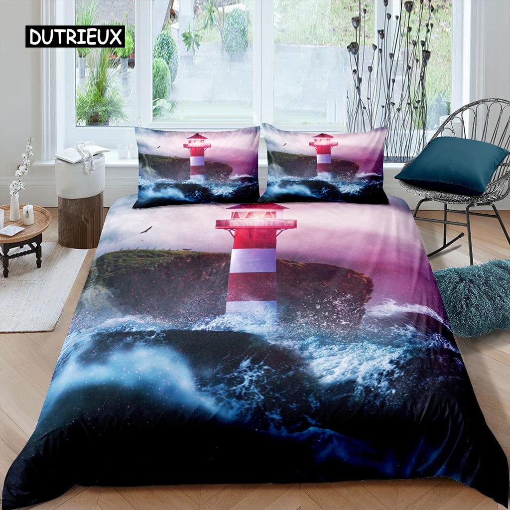 Lighthouse Duvet Cover Set Nautical Surfing Ocean Wave Bedding Set Queen Polyester Coastal Nature Theme Quilt Cover for Kids Boy