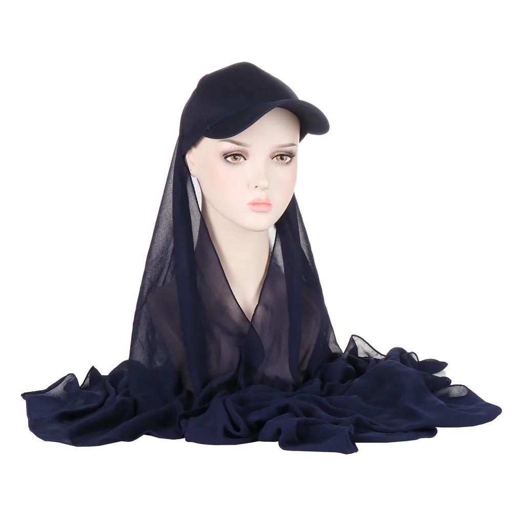 Bubble Pearl Chiffon Shawl with Baseball Cap Hat Wrap Veil Instant Hijabs Bandana Turban Muslim Women Ready To Wear Head Scarf