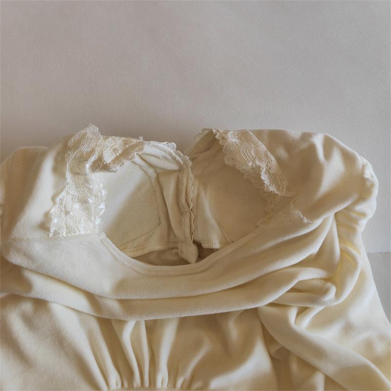 Milch Aprikose Insel Fleece Pyjama Set für Damen mit integriertem BH, Süße Spitzenverzierung, Warme Dünne Fleece Hauskleidung für Frühling Herbst Winter