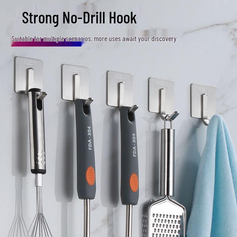 No-Punch Stainless Steel Adhesive Hook for Coats and Hats - Wall-Mounted for Home, Kitchen, and Bathroom Use