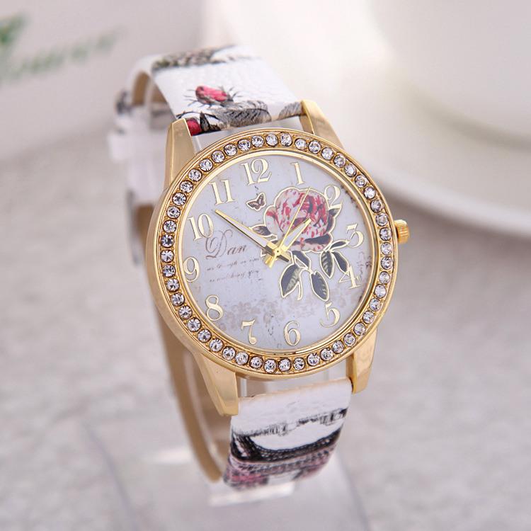 Charming Women's Floral Leather Strap Rose Flower Watch