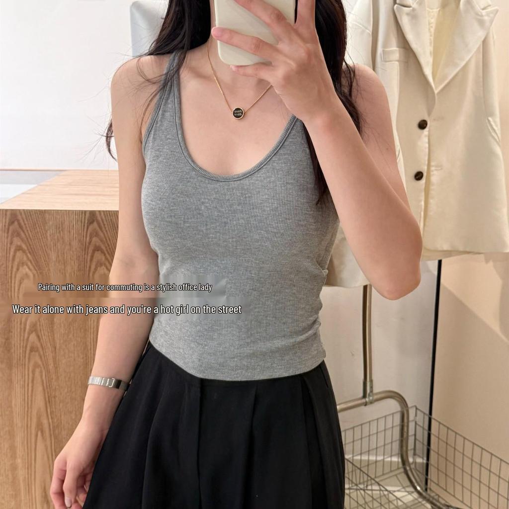 Sexy Ribbed Lace Tank Top with Padded Cups and Spaghetti Straps