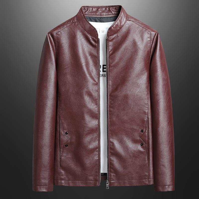 Herren Lokomotiv PU Lederjacke Frühling neu dünner Mantel einfarbig Stehkragen schmale, gutaussehende Jacke Herren Top Arbeiter