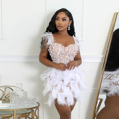 Women's Beaded Feather V-neck Pinched Waist Short Dress Luxury Haute Couture Party Dress