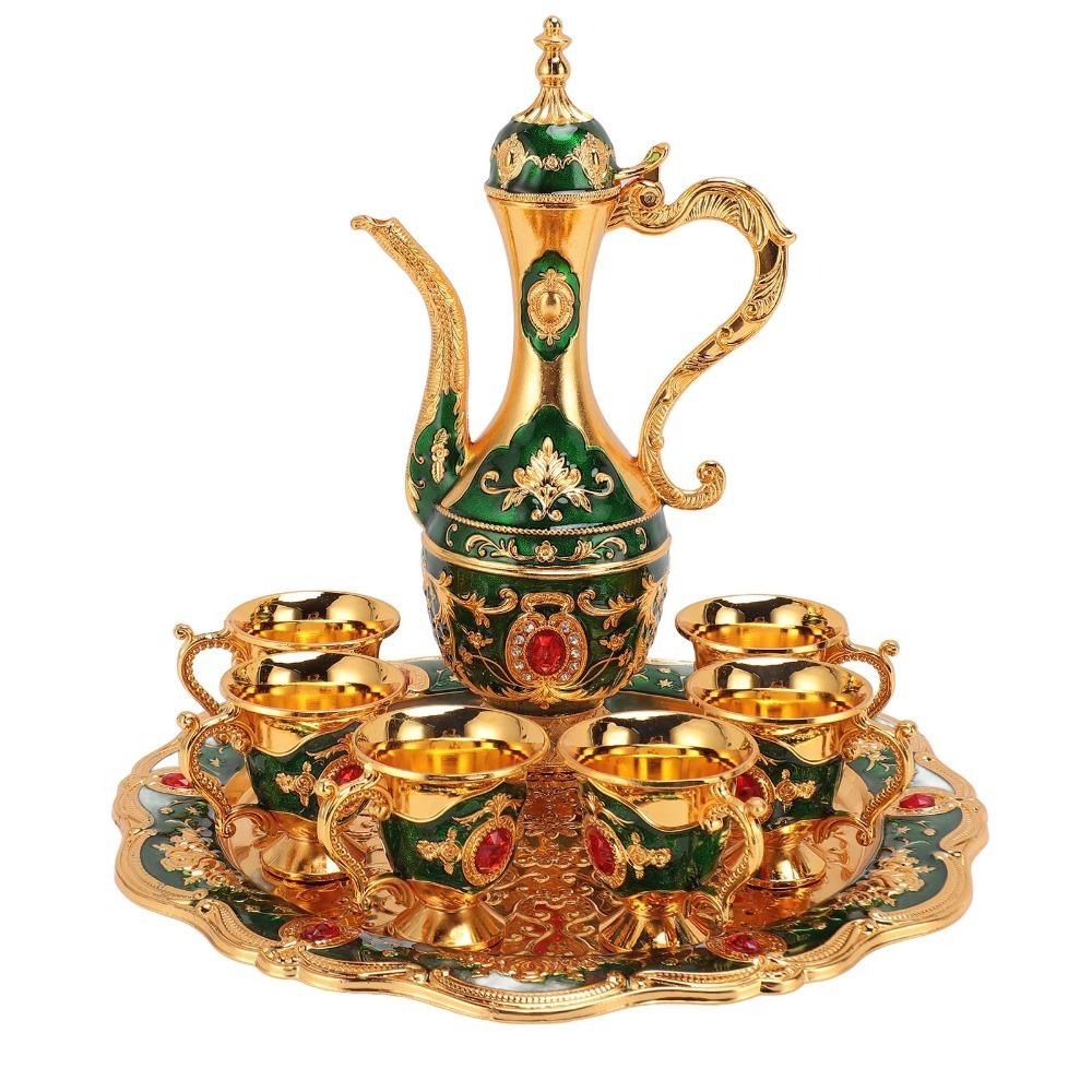 8PCS Zinc Alloy Wine Pot Kit Gold Green Turkish Tea Set Tea Sets Coffee Pot Set  Home Party Decor