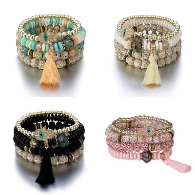 Ensemble de 4 Bracelets Œil Maléfique Pour Femmes Bohème Cristal Main de Fatima Charme Pompon Perles de Pierre Chaîne Bracelet Manchette Mode Bijoux Cadeau Hommes