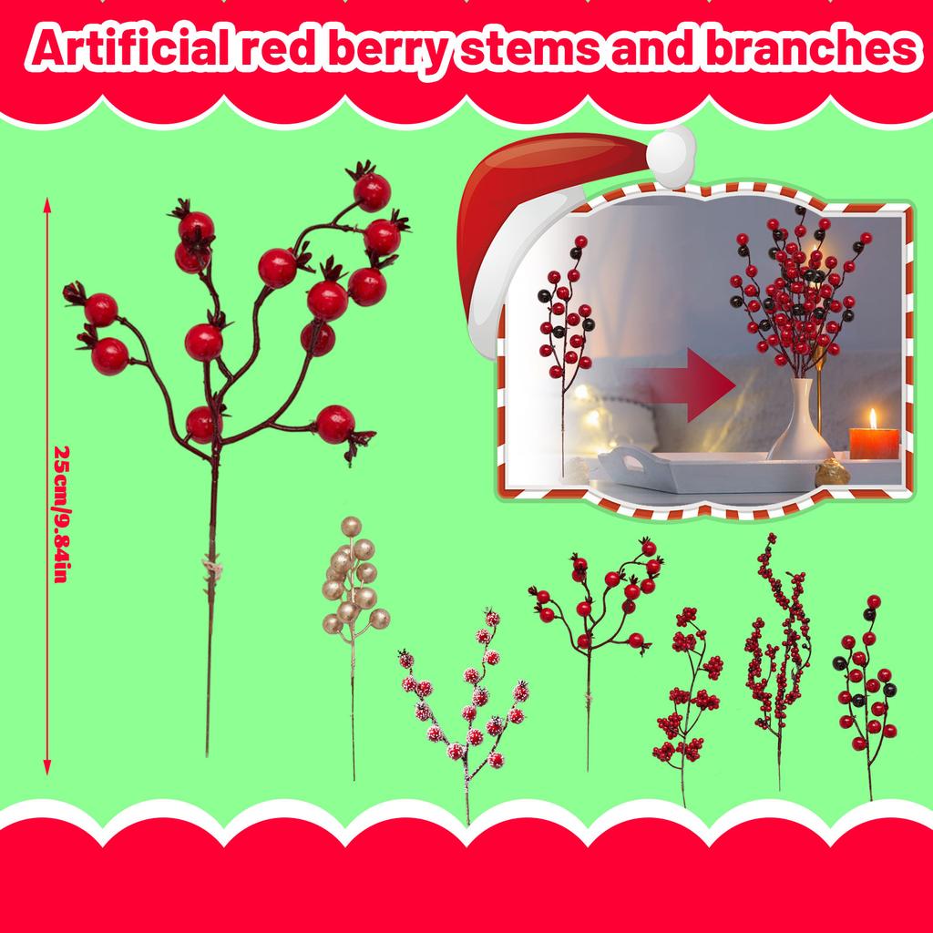 Artificial Red Berries Stems, Berry Picked Holly Berries For Christmas Tree Christmas Wreath Decoration Flower Arrangement, Halloween Festiva