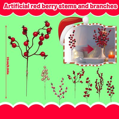 Artificial Red Berries Stems, Berry Picked Holly Berries For Christmas Tree Christmas Wreath Decoration Flower Arrangement, Halloween Festiva
