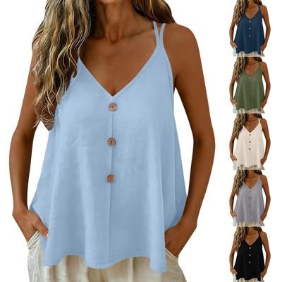 Women's Spaghetti Strap Linen Tank Top Lightweight Loose V Neck Sleeveless Blouse
