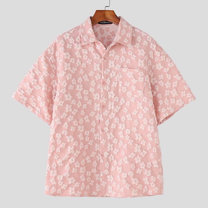 INCERUN S-XXXXXL Men Lapel Neck Short Sleeve Flowers Texture Buttons Casual Shirts