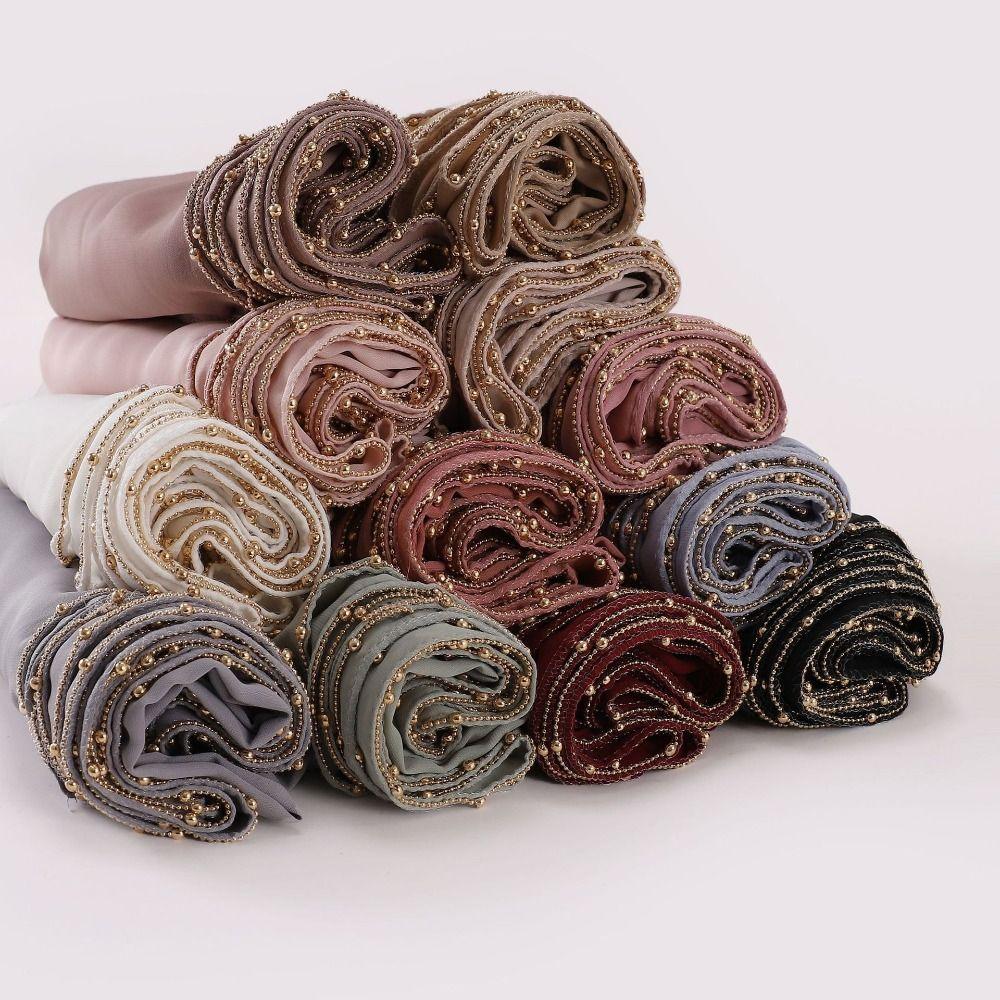 Beads Chain Ethnic Style Scarf Solid Color Islamic Turban Elegant Headscarf Daily