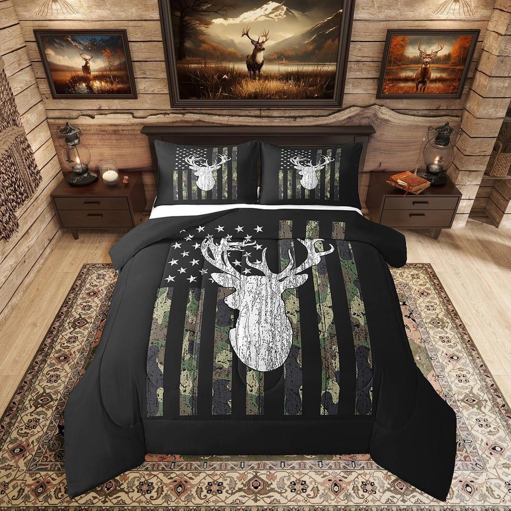 Deer Camo Comforter Set Queen Antlers Hunting Camo Bedding Sets For Teen Boys Men Camouflage American Flag Bed Bedding Set