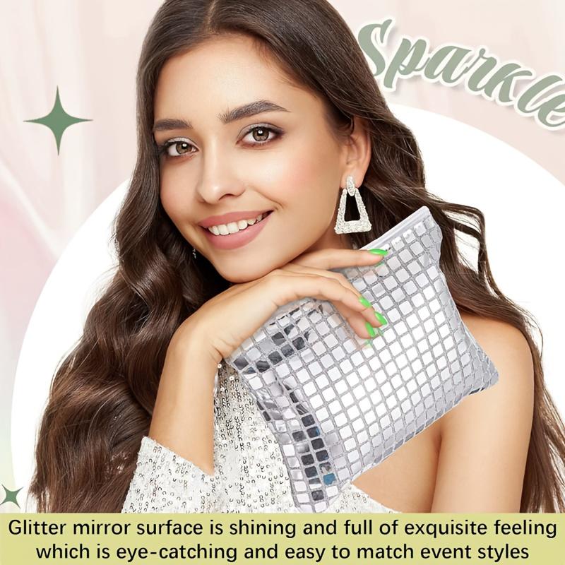 WTEMPO Disco Style Makeup Bag for Women Disco Party Favors Portable Silvery Zipper Cosmetic Bag Bachelorette Bridal Soft Bag