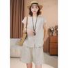 Solid Color Linen Summer Suit: Trendy Round Neck T-shirt + Shorts Two-Piece Set for Moms.