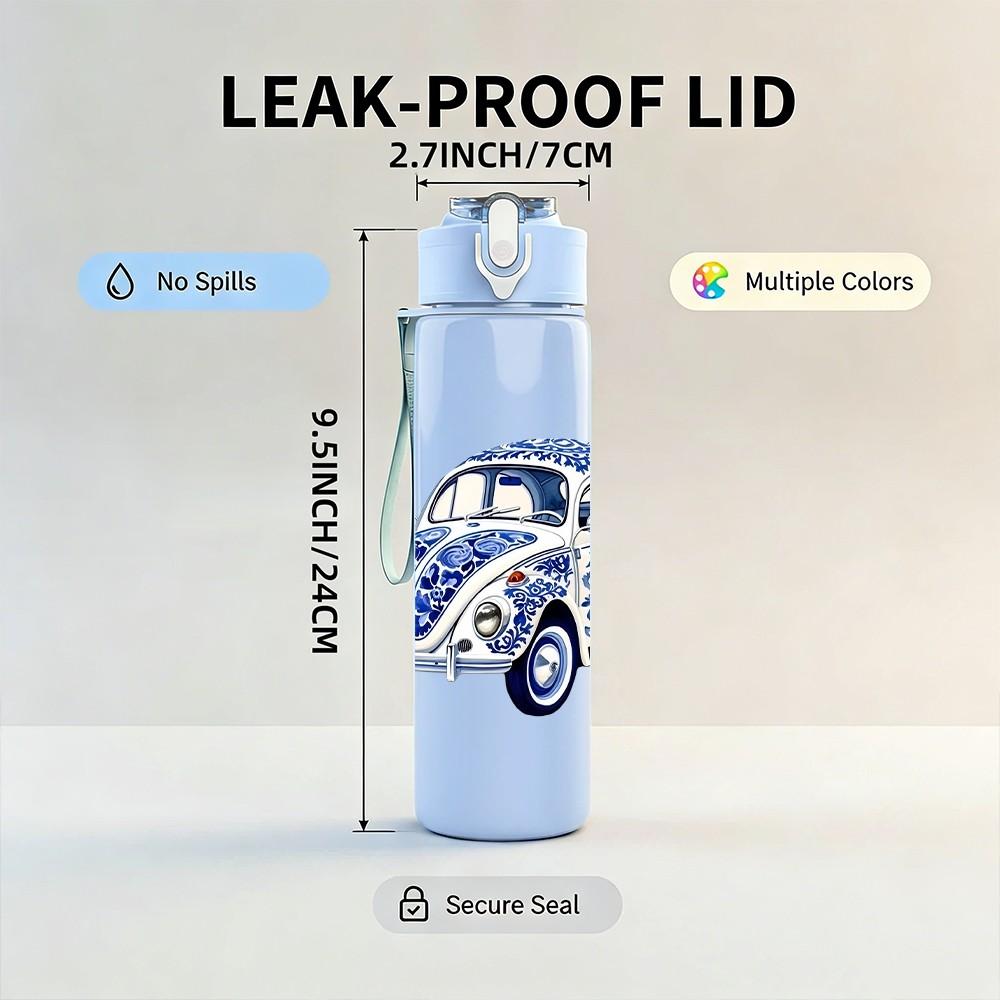 1PC Vintage Blue Beetle Car Retro Pattern 750ml Color Plastic Sports Water Bottle Leakproof Flip Straw Lid Suitable for Sports Office Home Use