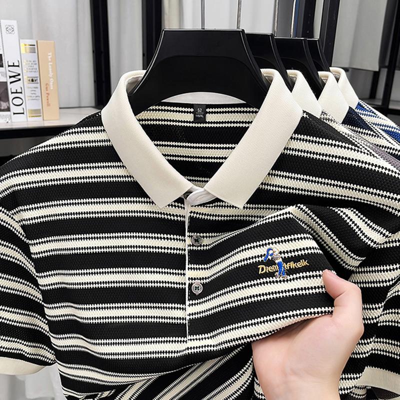 Polo Homme Revers Manches Courtes T-shirt Été Rayé Dessin Animé Brodé Haut Mode Business Casual Vêtements pour Homme XXL noir