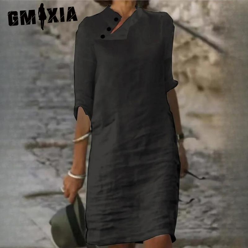 GMXIA Kvinnemote Sommer Våren Ensfarget Print Kortermet Høy midje Fritidskjoler