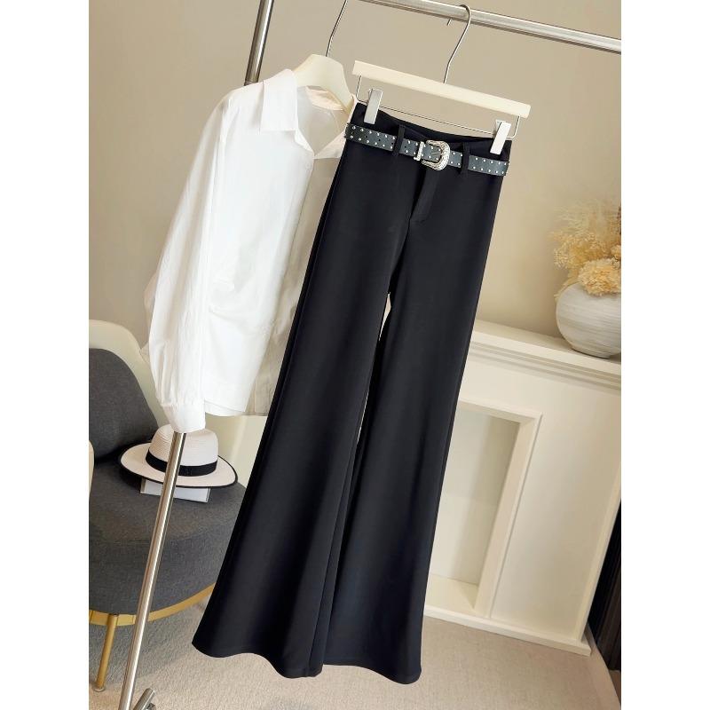 

Black American suit micro-pull pants women s spring new elastic high-waisted slim casual floor pants long pants with belt S чёрный