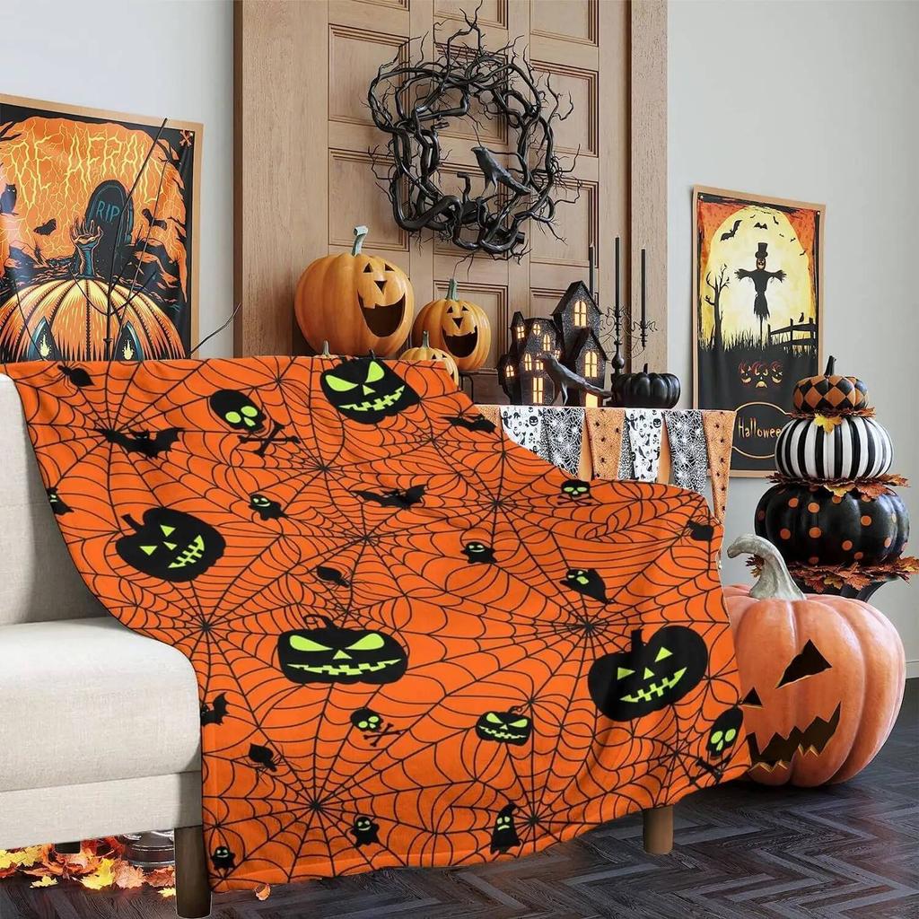 Halloween Blanket Orange Haunted Throwing Pumpkin Fun Ghost Spider Web Skull Bat Flannel Halloween Gift Throwing Bedding