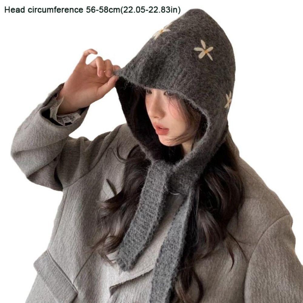 Woolen Fabric Embroidered Flowers Hat Solid Color Warm Neck Collar Winter Season