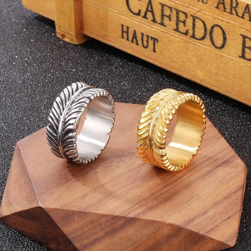 Personality Stainless Steel Feather Ring for Men Women Punk Color Gold Round Finger Ring Trendy Jewelry Anillos Charm Gift
