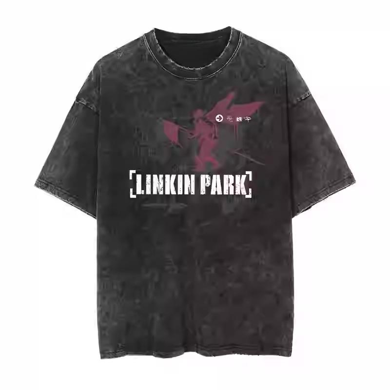 Neues Retro und Altgewaschenes Kurzarm Lincoln Park Rockband Bedrucktes T-Shirt Paar Locker und Bequem Herrenbekleidung