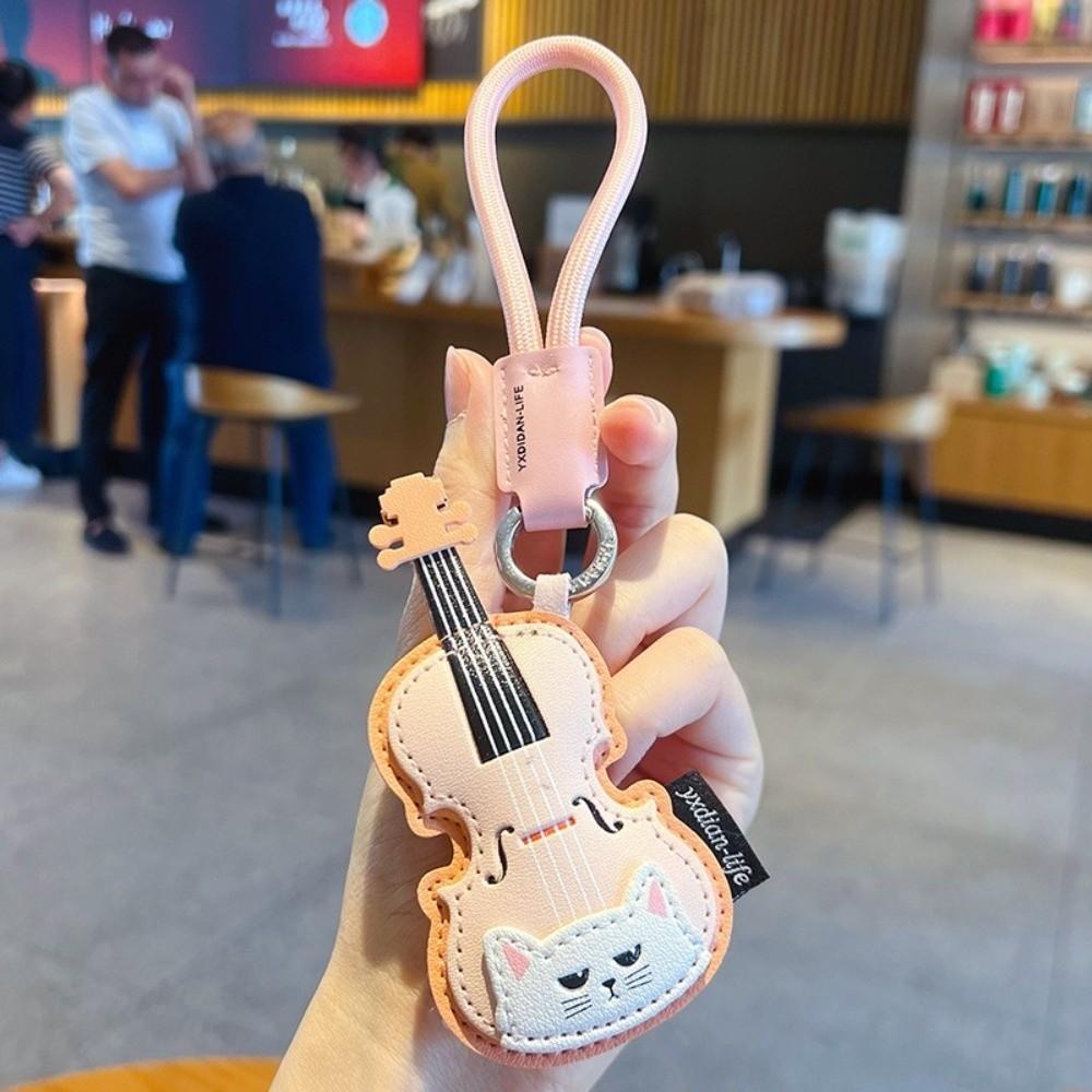 PU Leather Cartoon Violin Keychain with Carabiner PU Leather Keychain Music Lovers Gift