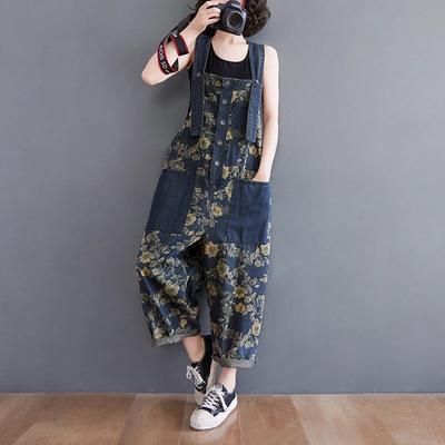 Spring Print Floral Denim Jumpsuit Women Vintage Streetwear Oversized Dungarees Loose Wide Leg Overalls Straps Baggy Pants