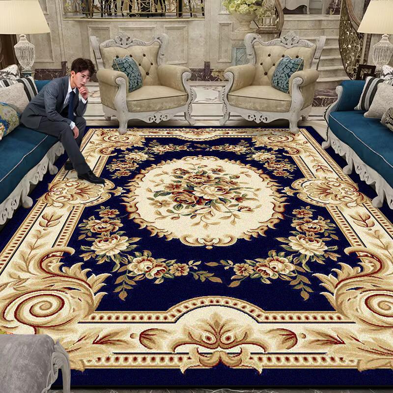 Luxury Large Living Room Rug Non-slip Flower Design Blue Sofa Table Mat Border Design Soft Lounge Rug Machine Washable Flannel