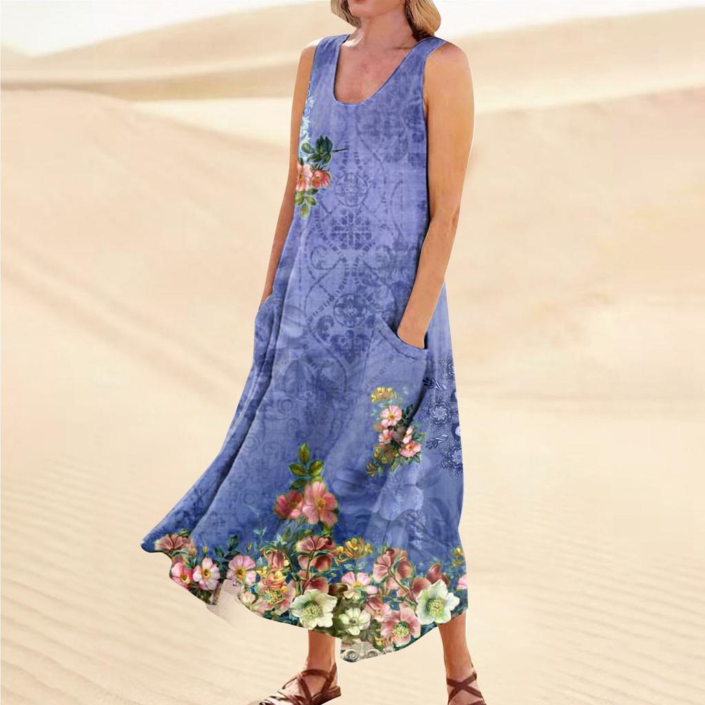 Damen Sommerkleid, lässig, modisch, bedruckt, ärmellos, Rundhalsausschnitt, Taschenkleid