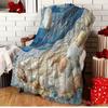 Coastal Ocean Print Blanket, Vintage Seashell Wave Pattern Flannel Throw for Beach Theme Home Decor & Gift