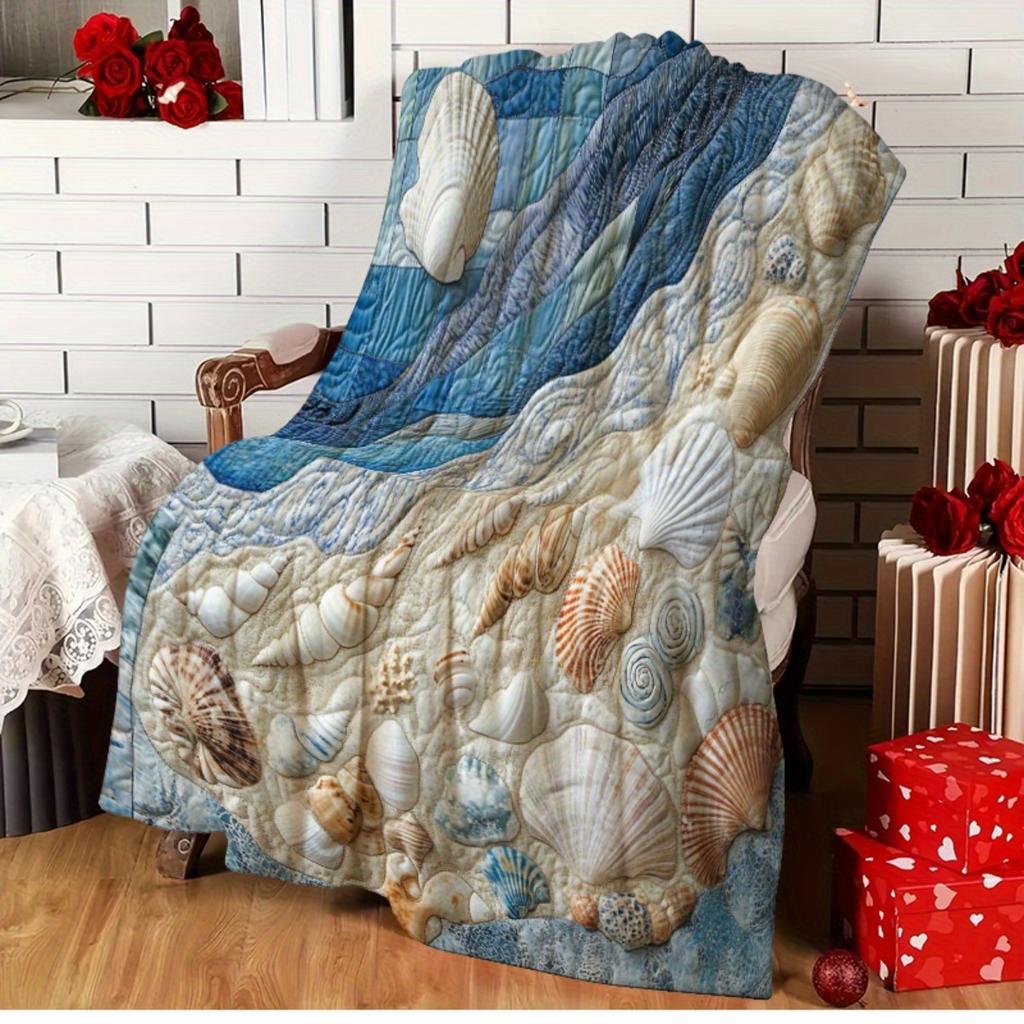 Coastal Ocean Print Blanket, Vintage Seashell Wave Pattern Flannel Throw for Beach Theme Home Decor & Gift