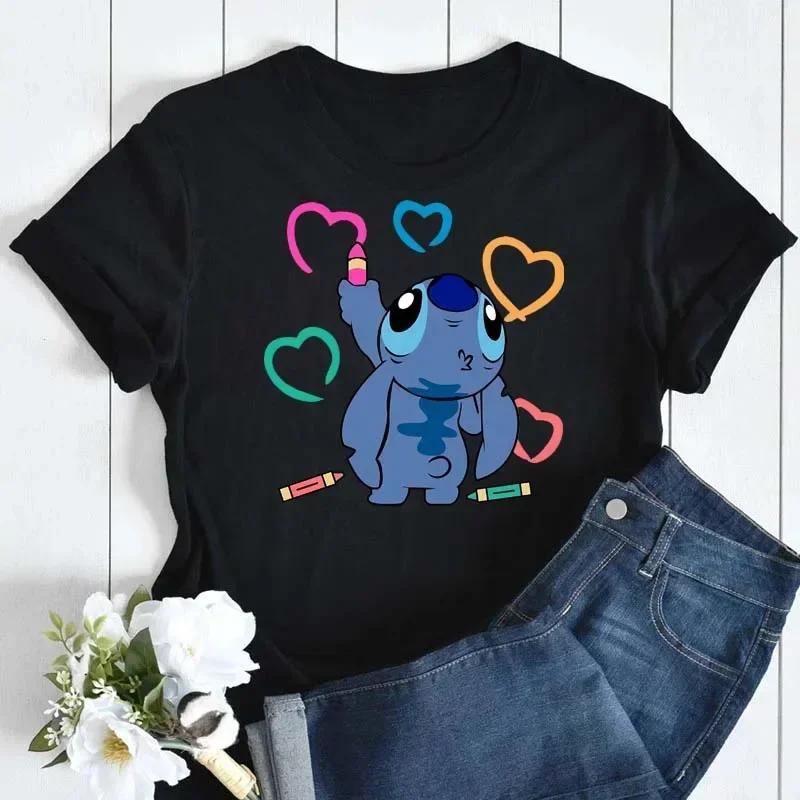 New Disney Women T-shirt Kawaii Lilo Stitch Print Tee Shirts Fashion Short Sleeve T Shirt Female Streetwear Y2k Clothes Top
