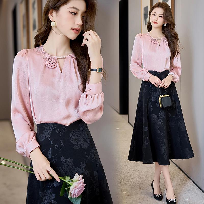 Spring 2025 Lace Butterfly Patchwork Two-Piece Set: Long Sleeve Shirt & Midi Skirt