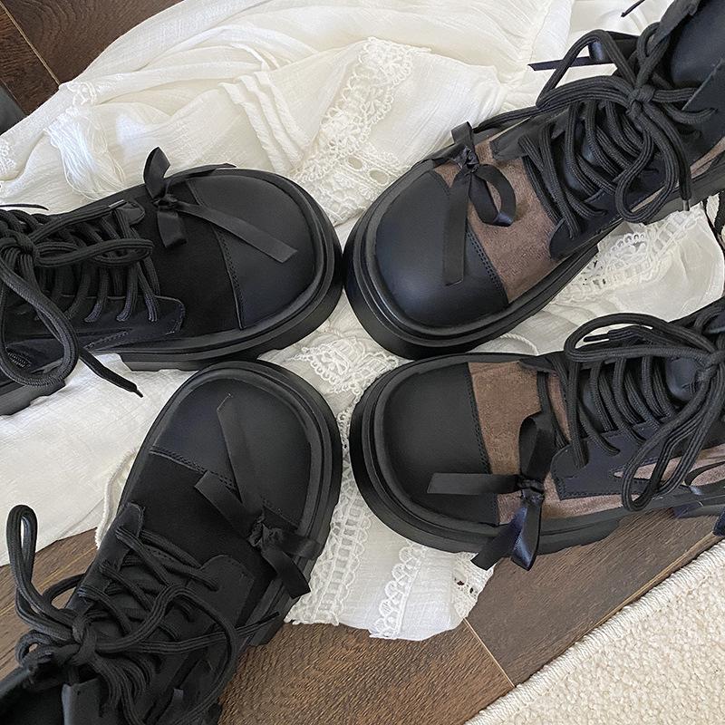 Mote sløyfe svart retro tykk hæl plattform Martin støvletter dame 2025 ny sommer britisk stil korte støvletter