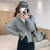 Grey Zip-Up Hooded Knit Cardigan - Women's Autumn Shoulder-Length Sweater