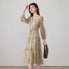 Lyocell linen printed long sleeved dress for spring 2026, slimming and slimming mid length A-line skirt