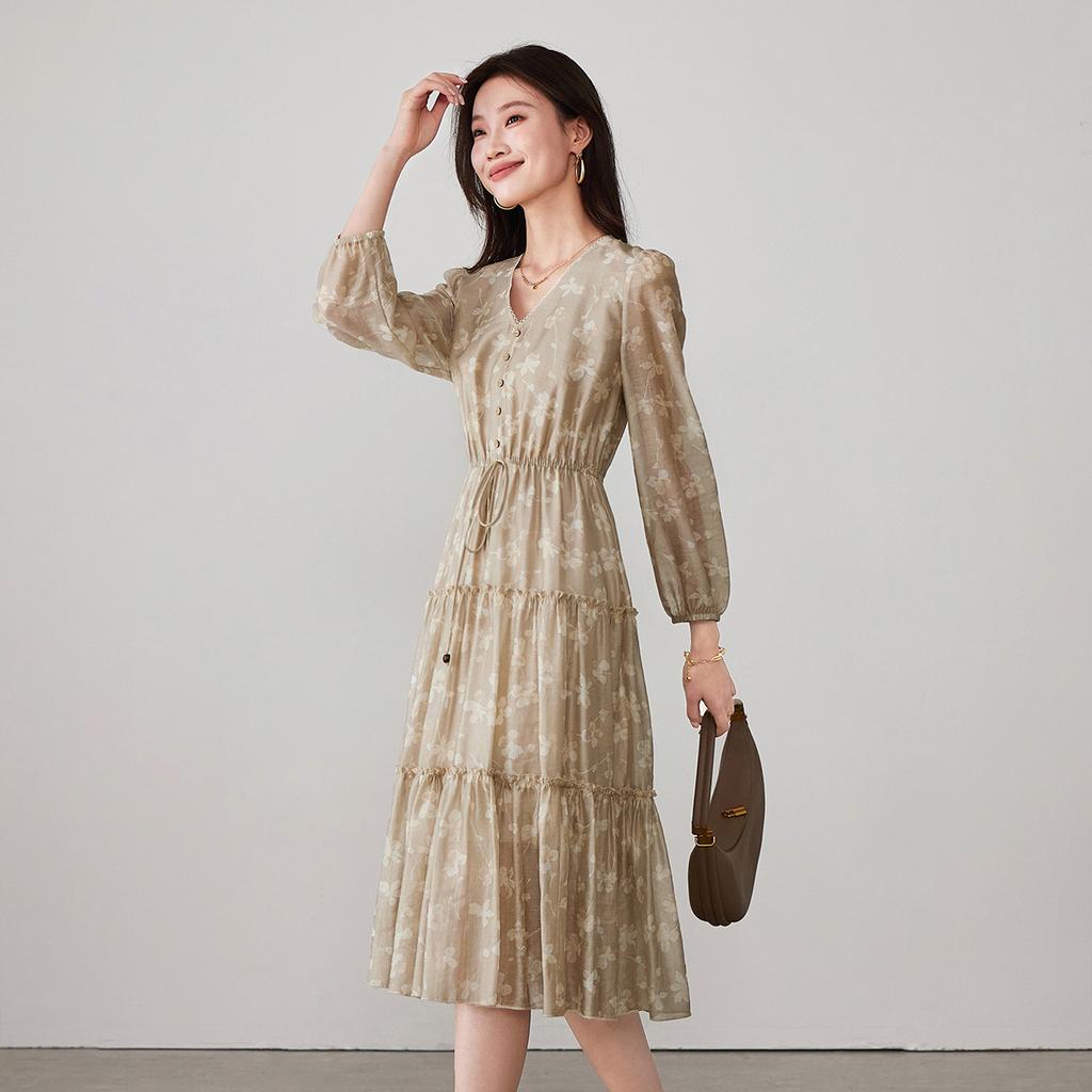 Lyocell linen printed long sleeved dress for spring 2026, slimming and slimming mid length A-line skirt