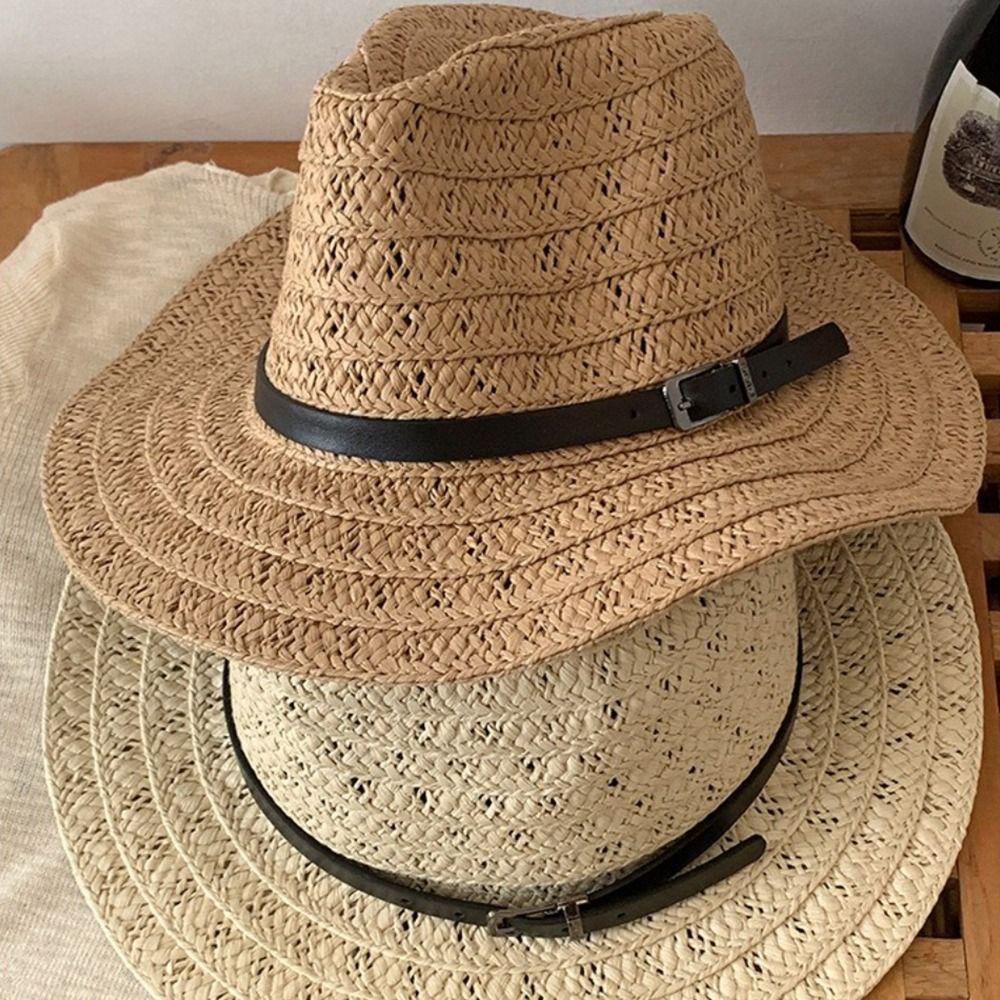 Hollow Hollow Straw Hat Wide Brim Visor Cap Trendy Western Cowboy Hat  Men Women