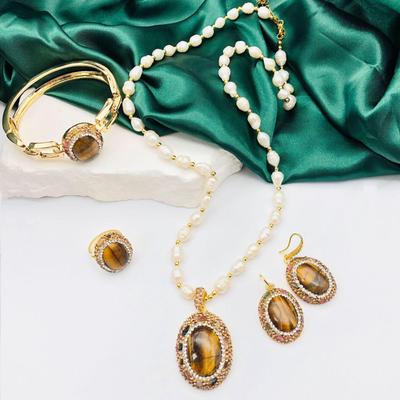 Tiger Eye & Freshwater Pearl Jewelry Set: Sweater Chain, Bracelet, Earrings & Ring - Elegant Autumn/Winter Style for Women