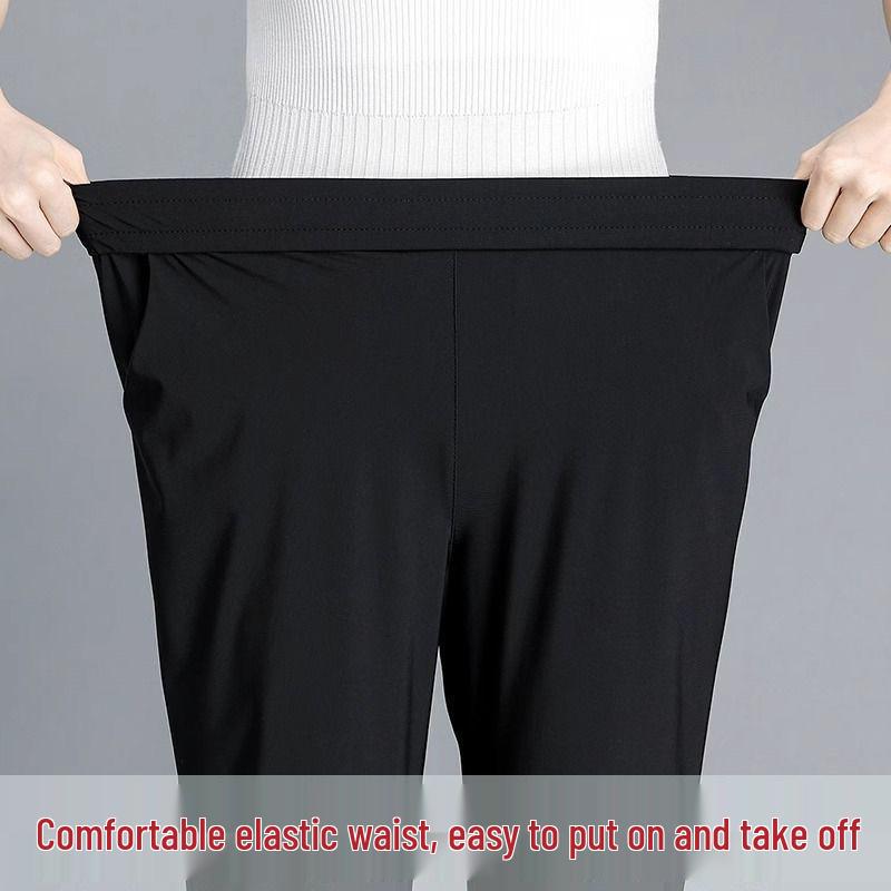 Women's Ice Silk Quick-Dry High Waist Cropped Trousers - Summer Lightweight, Elastic, Breathable Loose Fit for Middle-Aged & Elderly.