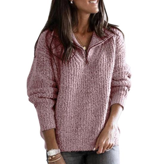 Maglione Pullover da Donna con Cerniera Revers Manica Lunga Largo in Maglia Tinta Unita