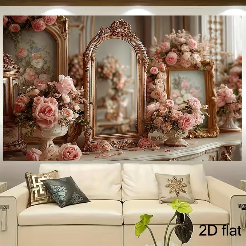 2D Baroque Rose Mirror Wall Hanging, Romantic Room Decor Tapestry 47.2x31.5inch/120*80cm