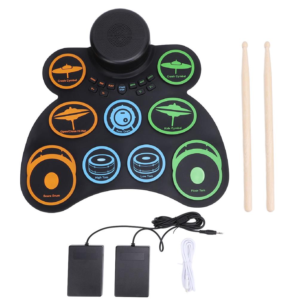 Batería electrónica de 9 almohadillas, almohadilla de práctica de batería con conector para auriculares, almohadilla de batería enrollable, 2 altavoces incorporados