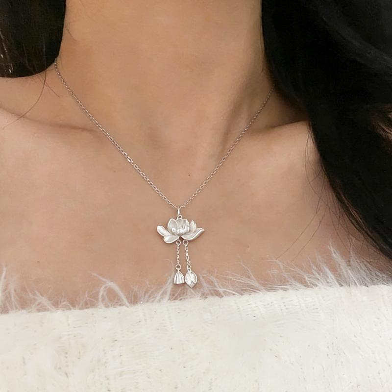 Silber Lotus Anhänger Halsketten für Damen Silberkette Einfaches Design Böhmische Halsketten Minimalistischer Schmuck