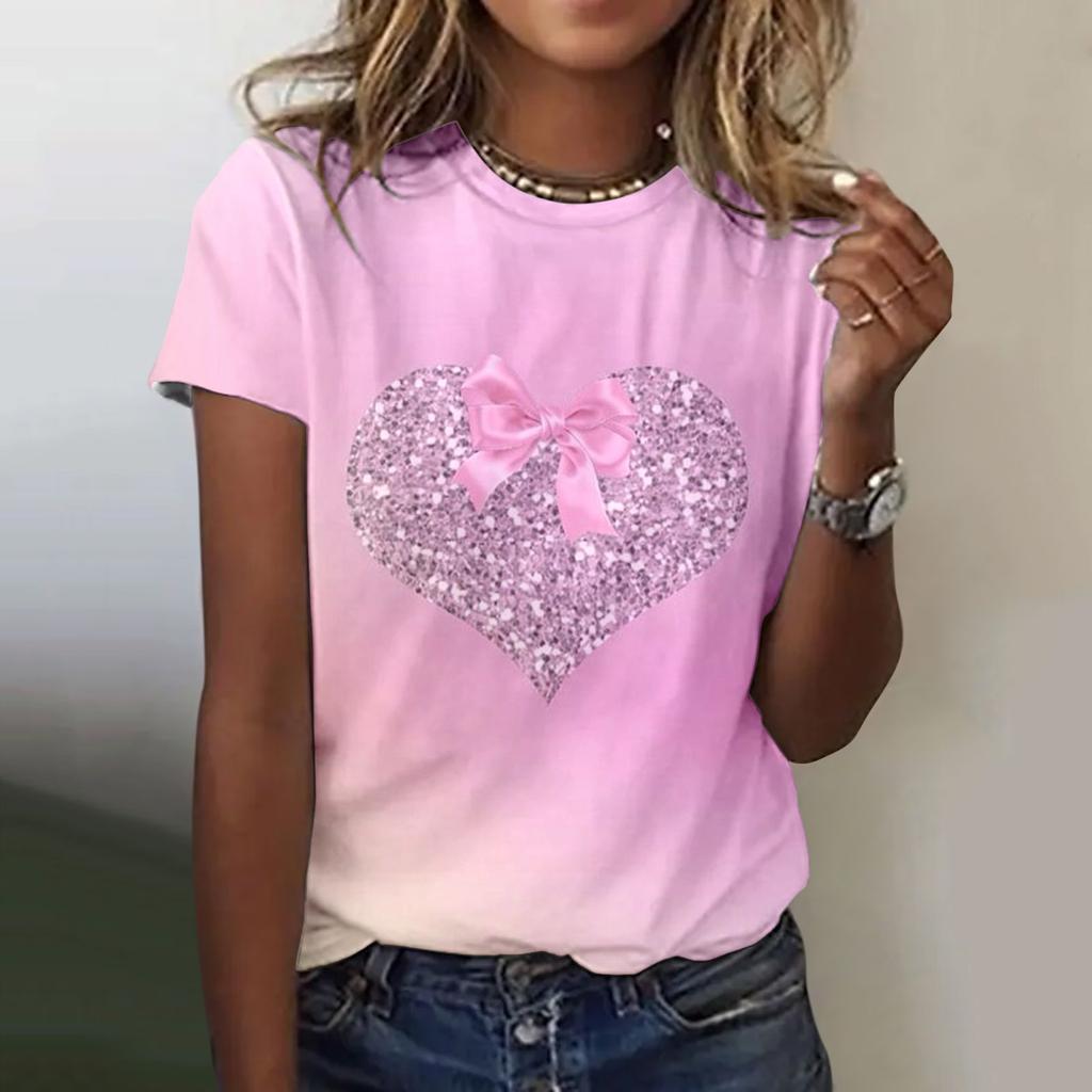 Damen T-Shirt Sommer O-Ausschnitt Top 3D Rot Valentinstag T-Shirt Modisches T-Shirt Vielseitig Große Größe Damen Kurzarm