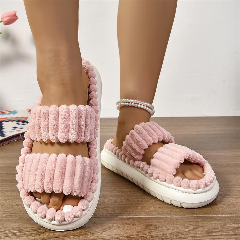 Fashion Litfun Corduroy Plush Women's Slippers Thick Bottom Home Slides EVA Foam Light Indoor Slides Fluffy Warm Cozy Women's Slippers
