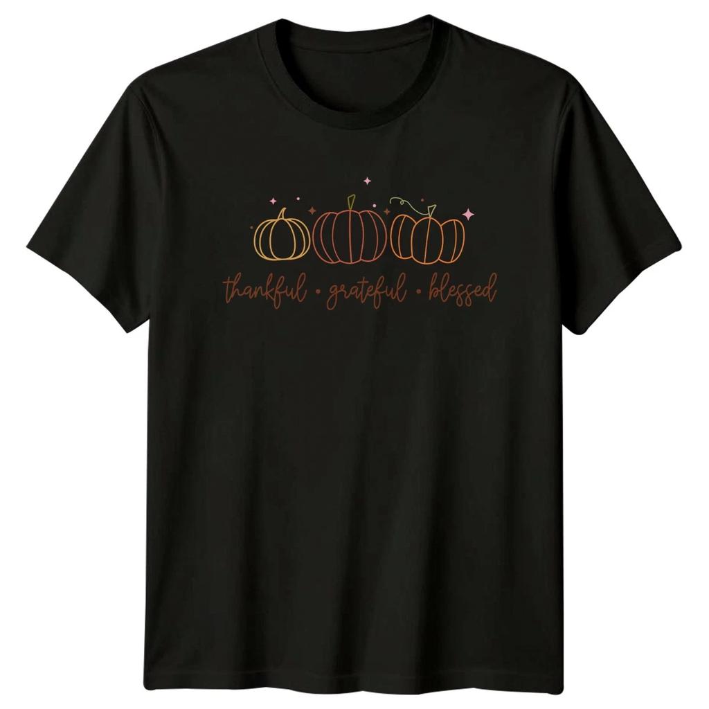 Thankful Grateful Blessed Womens T-Shirt Boho Pumpkin Thanksgiving Gift For Her